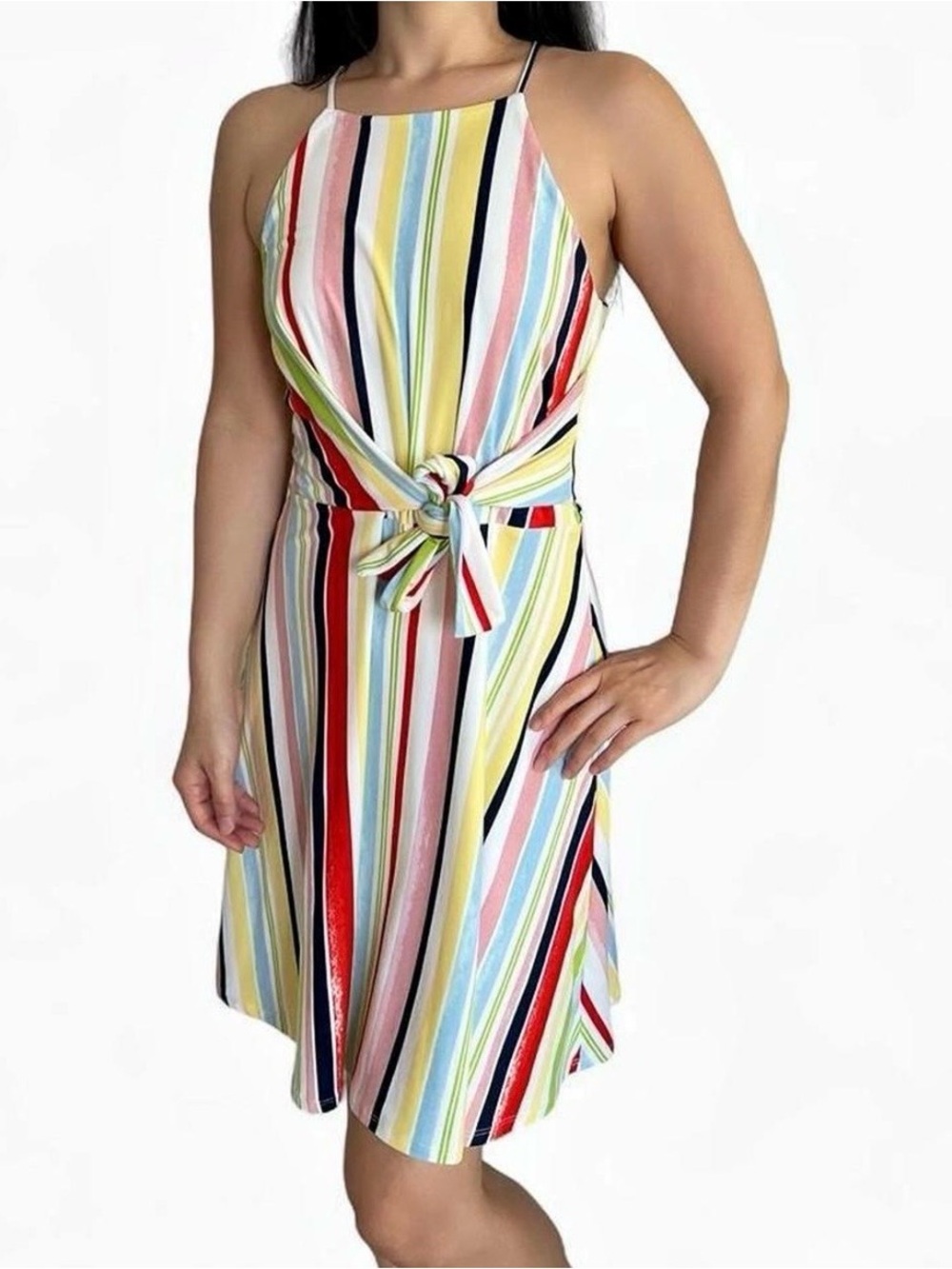 Socialite Multicolor Pastel Striped Sleeveless Dress Small Tie Waist Fit & Flare